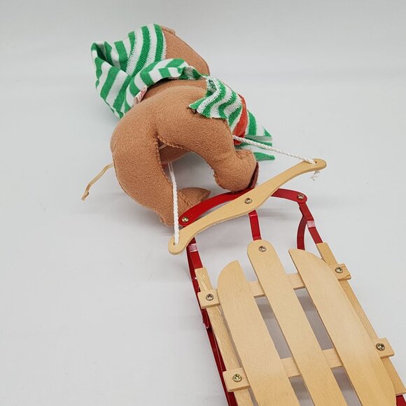 1988 Annalee Bear on Wood Sled 10" Tall Green White Scarf Christmas Decor VTG - Picture 6 of 8